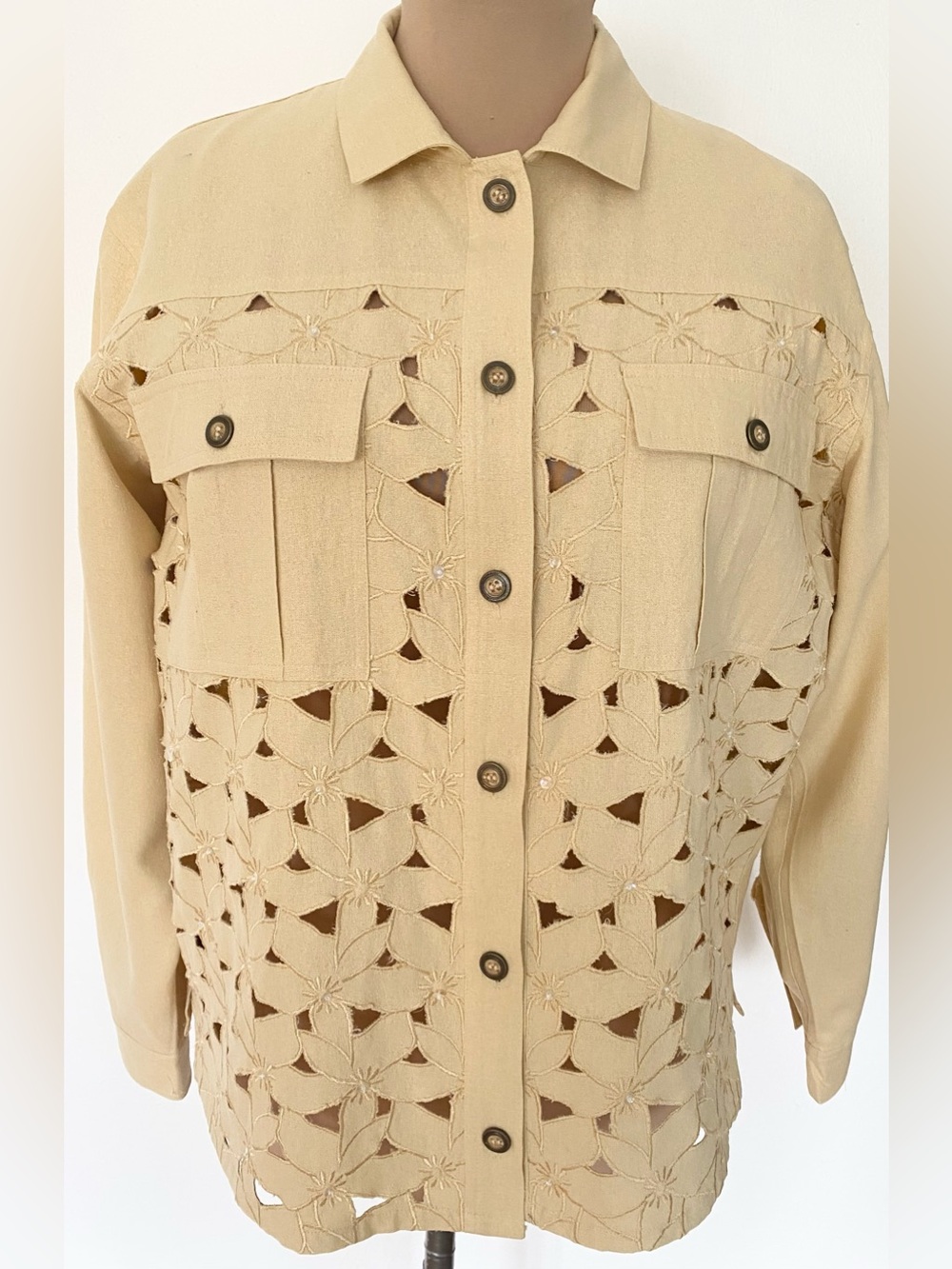 Vintage 90s Embroidered Silk Top *Large* EVR Gold Sequin Openwork Blouse